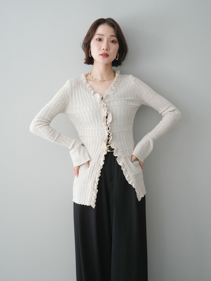 [予約]フロントフリルリブニットカーディガン/beige