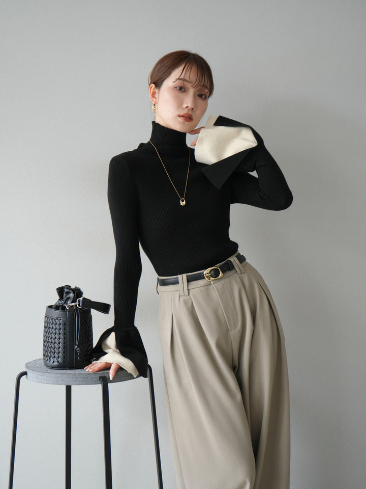 [SET] 疊層喇叭袖高領針織上衣 + 雙褶寬褲 (2 套)