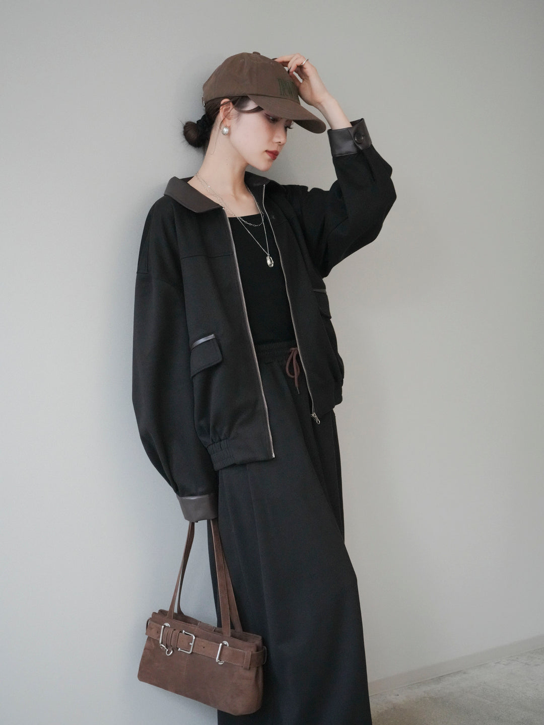 [予約]レザー襟配色パイピングブルゾン/black