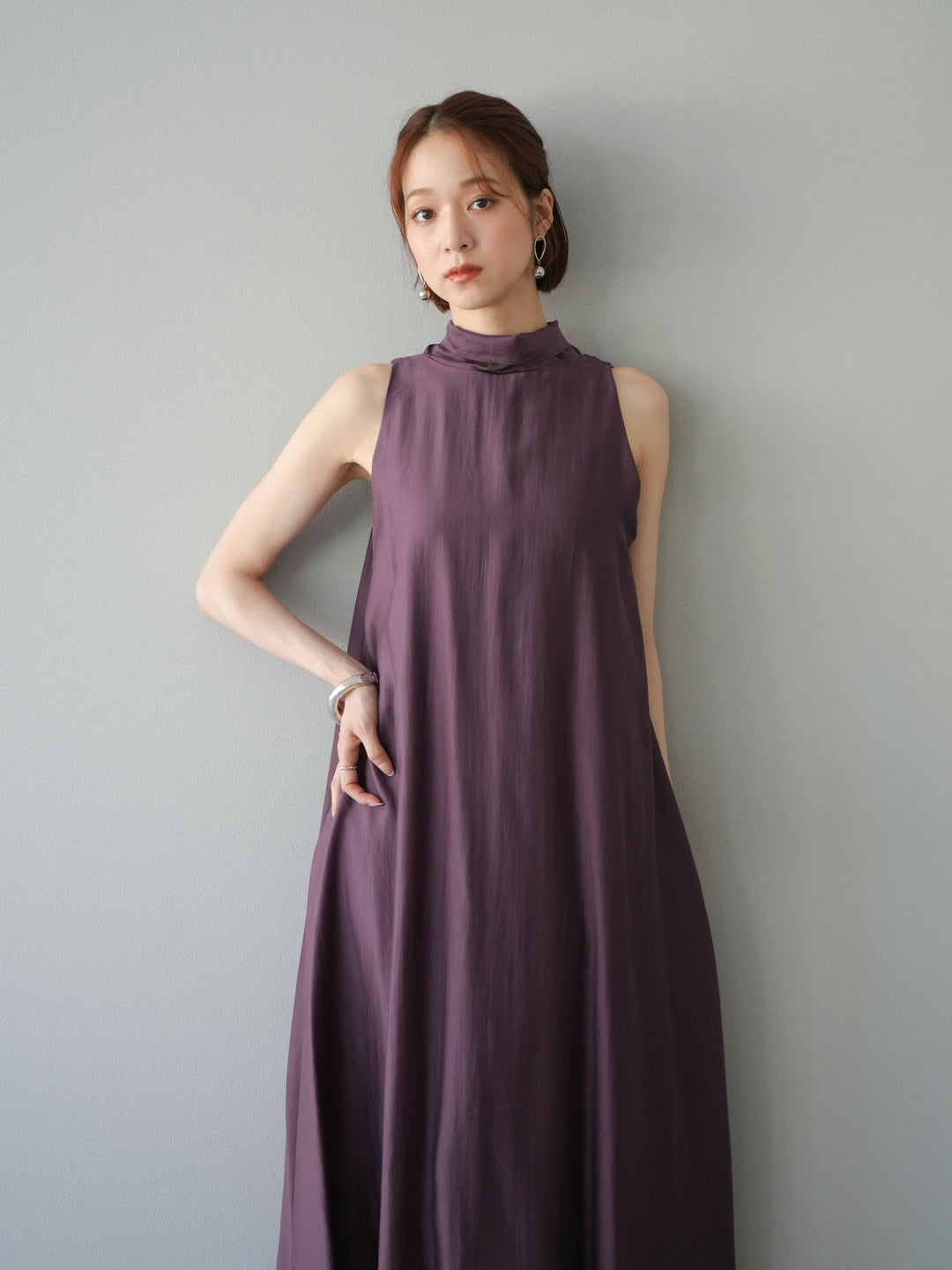 [予約]シアーホルターバックオープンワンピース/ボルドー