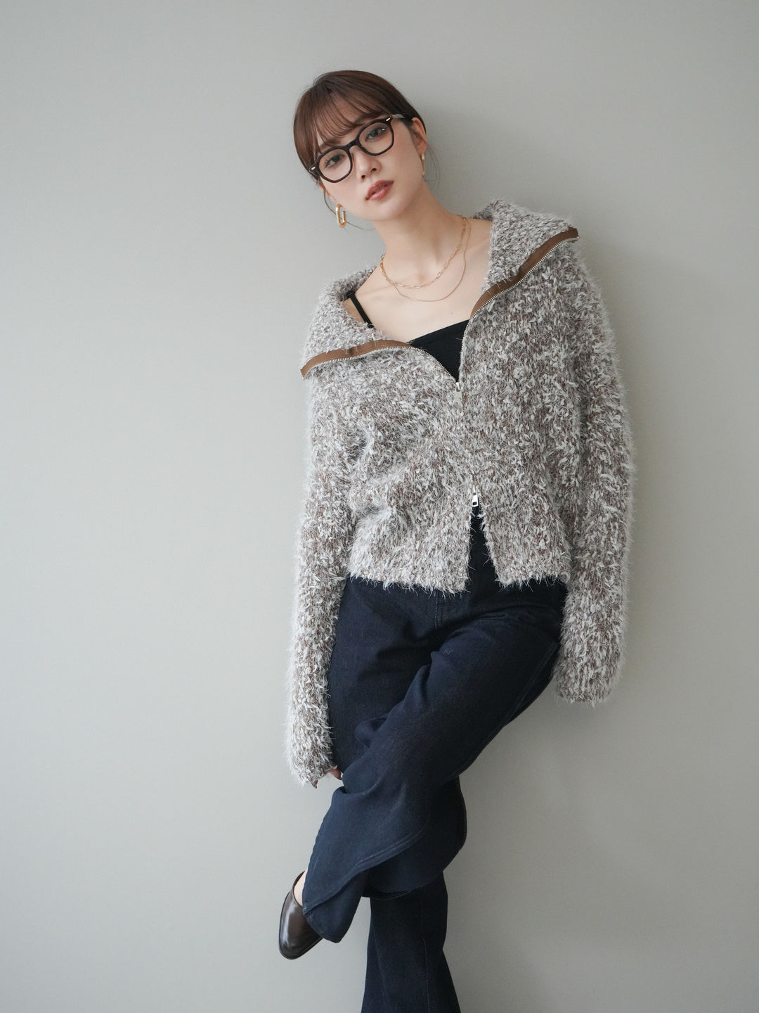 [予約]ミックスシャギージップニットカーディガン/brown