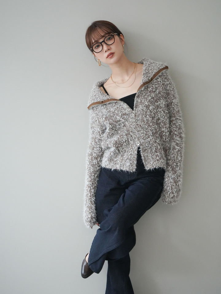 [予約]ミックスシャギージップニットカーディガン/brown