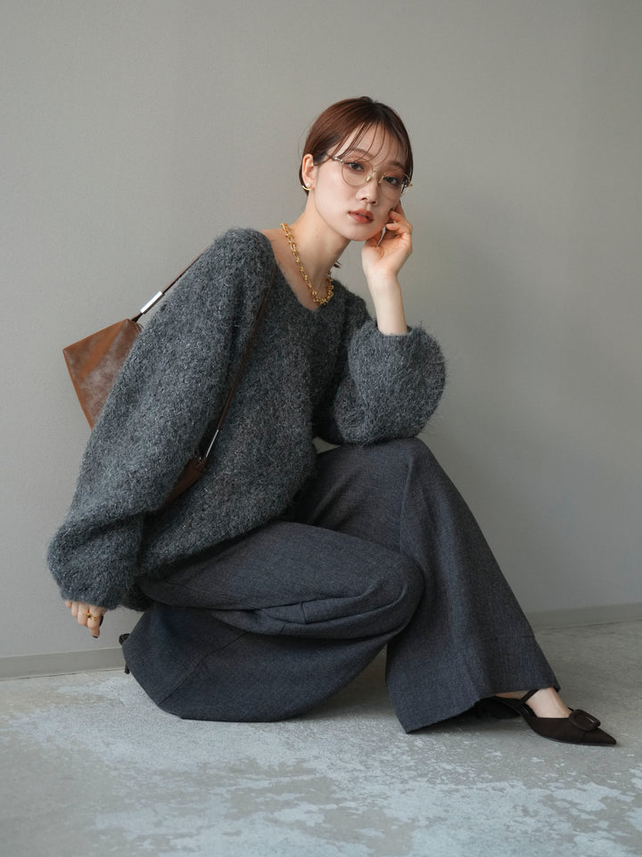 [予約]ウールタッチラメミックスヤーンVネックニットプルオーバー/charcoal