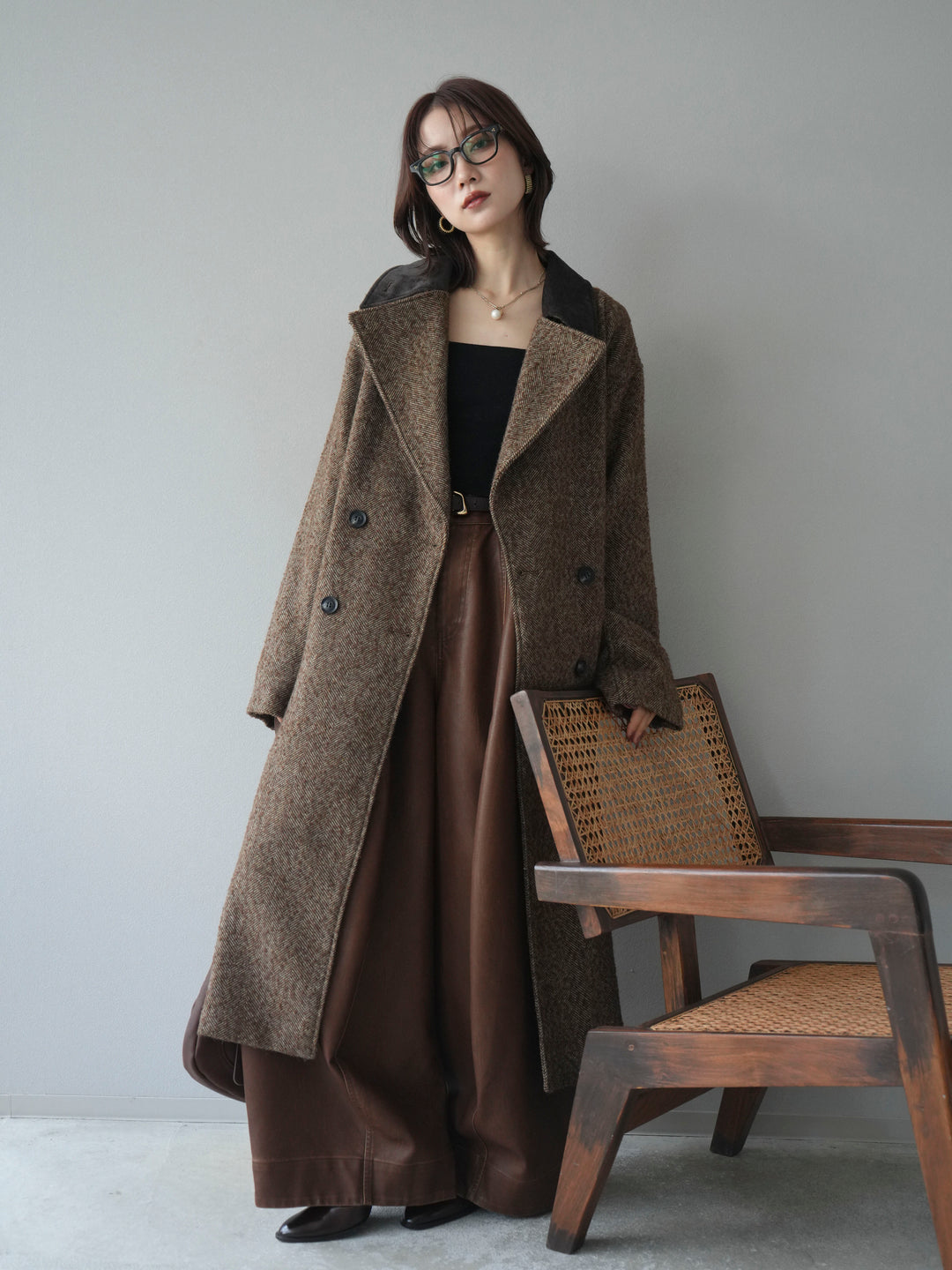 [予約]ネップヘリンボーンレザー襟チェスターコート/brown