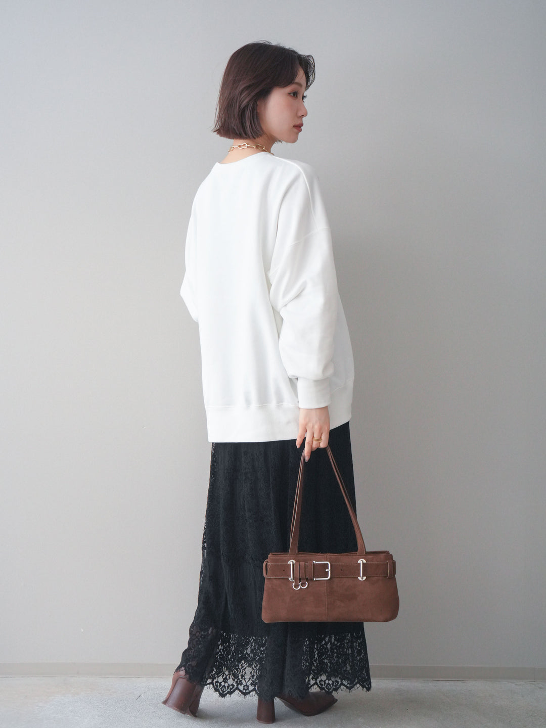 [SET]カレッジロゴ刺繍BIGスウェットプルオーバー+裏プリーツ総レースロングスカート(2set)