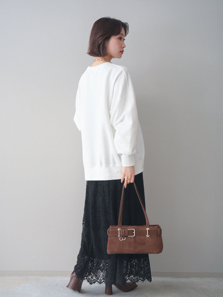 [SET]カレッジロゴ刺繍BIGスウェットプルオーバー+裏プリーツ総レースロングスカート(2set)