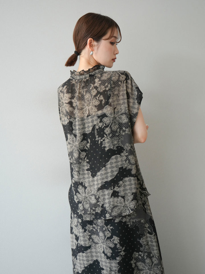 [SET] 花朵圖案法式袖襯衫 + 花朵圖案喇叭裙 (2 套)