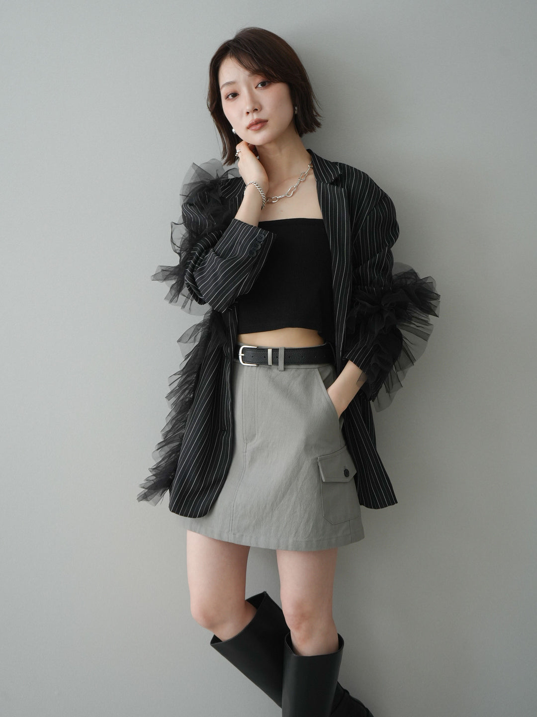 [予約]アシンメトリーチュールストライプジャケット/black