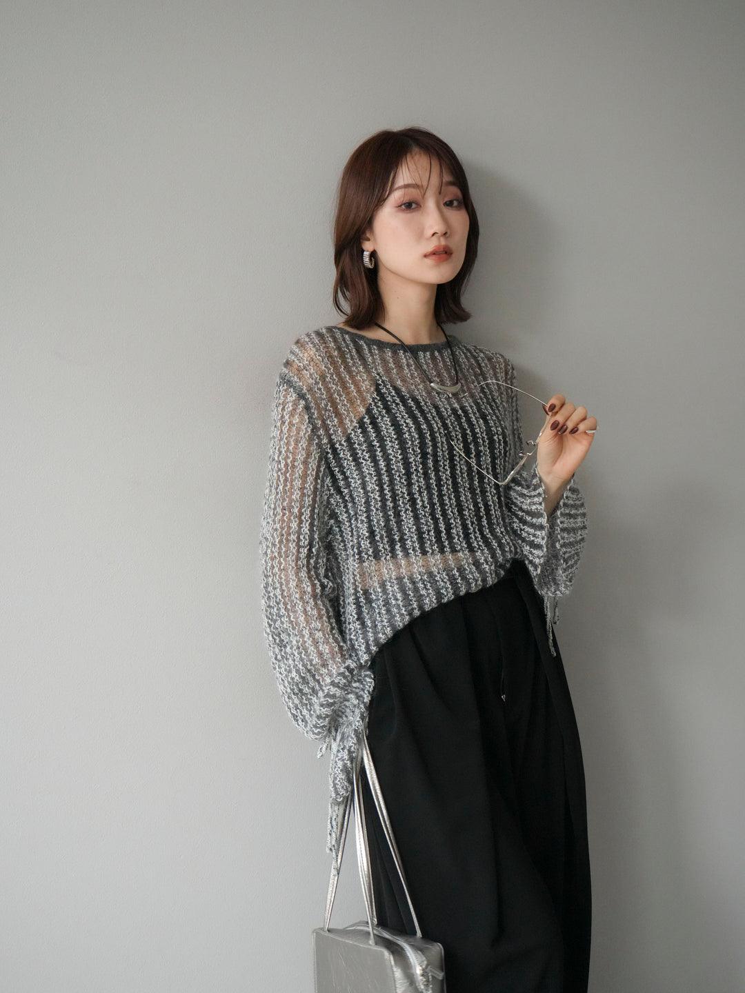 [予約]ストライプメッシュニットプルオーバー/グレー