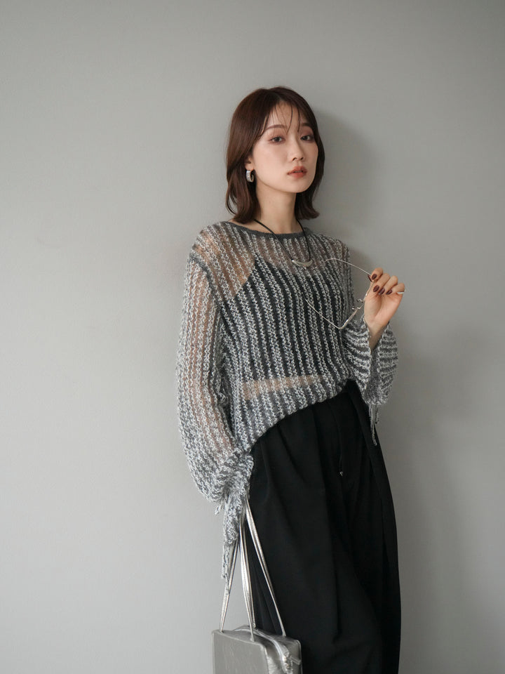 [予約]ストライプメッシュニットプルオーバー/グレー