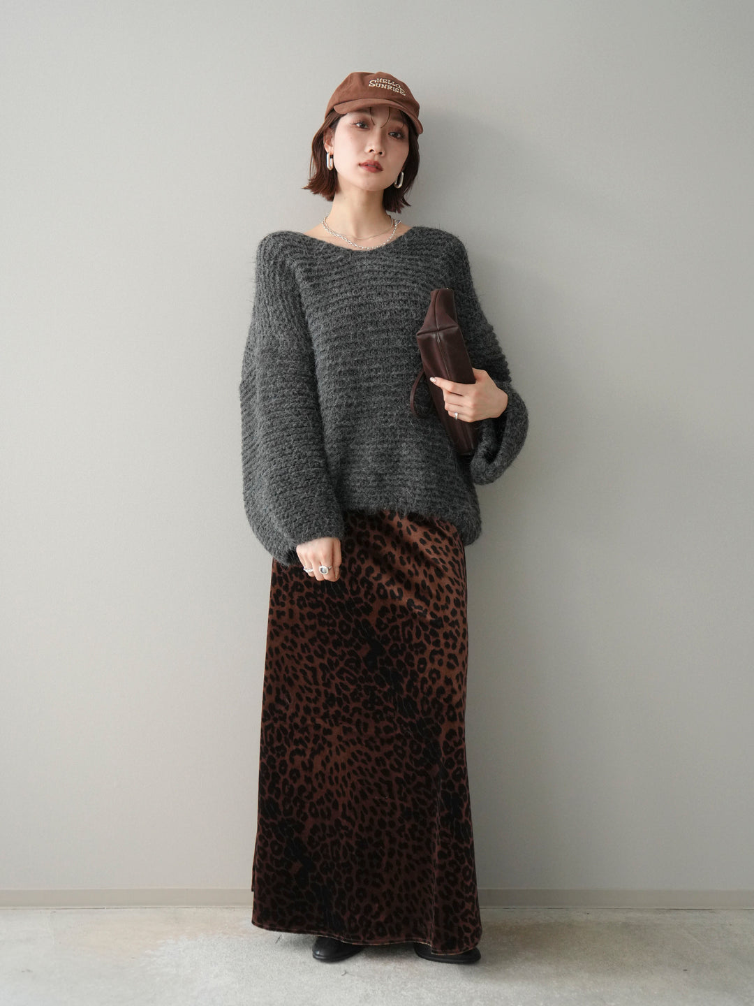 [SET]ワッフル編みシャギーニットプルオーバー+レオパードベロアナロースカート(2set)