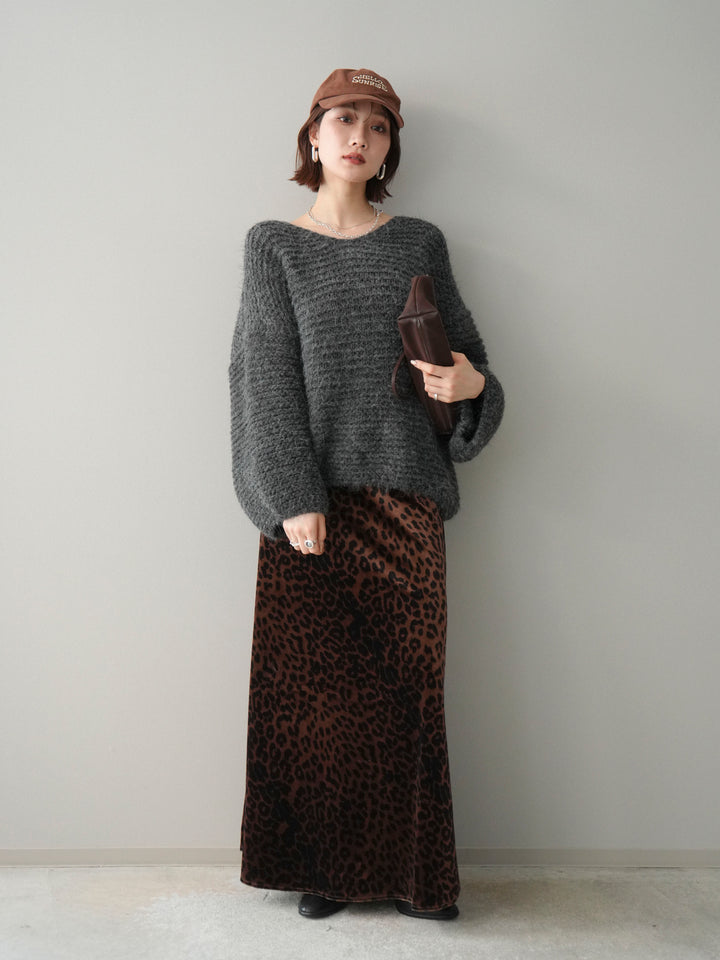 [SET]ワッフル編みシャギーニットプルオーバー+レオパードベロアナロースカート(2set)