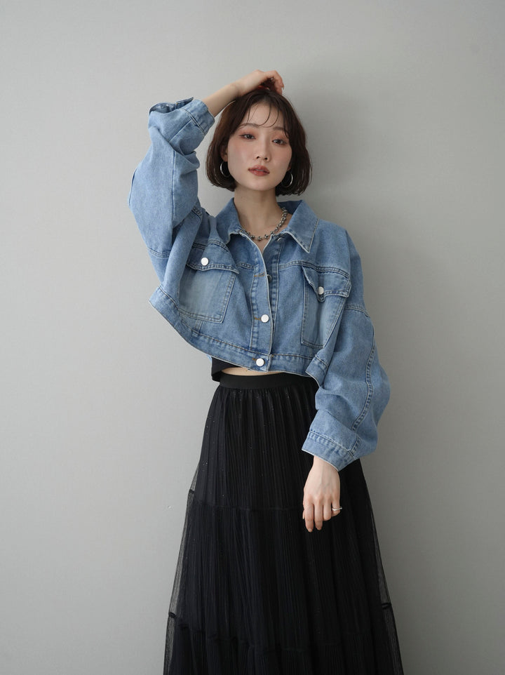 [SET]デニムショートシャツジャケット+ラメプリーツレイヤードチュールロングスカート(2set)