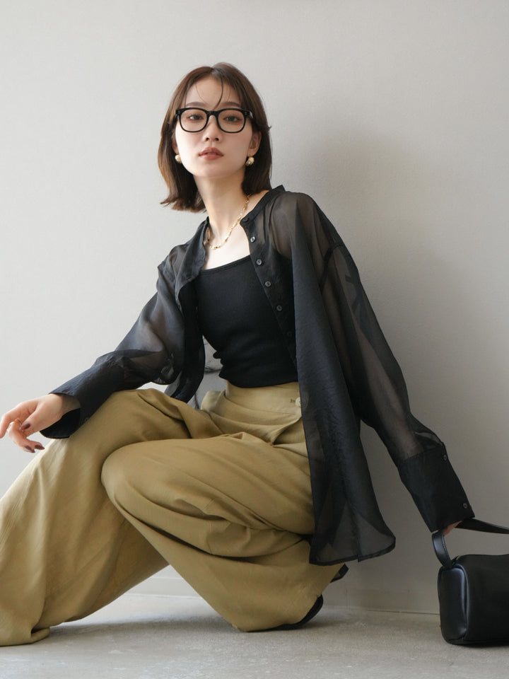 [予約]シャイニーシアーバンドカラーシャツ/ブラック