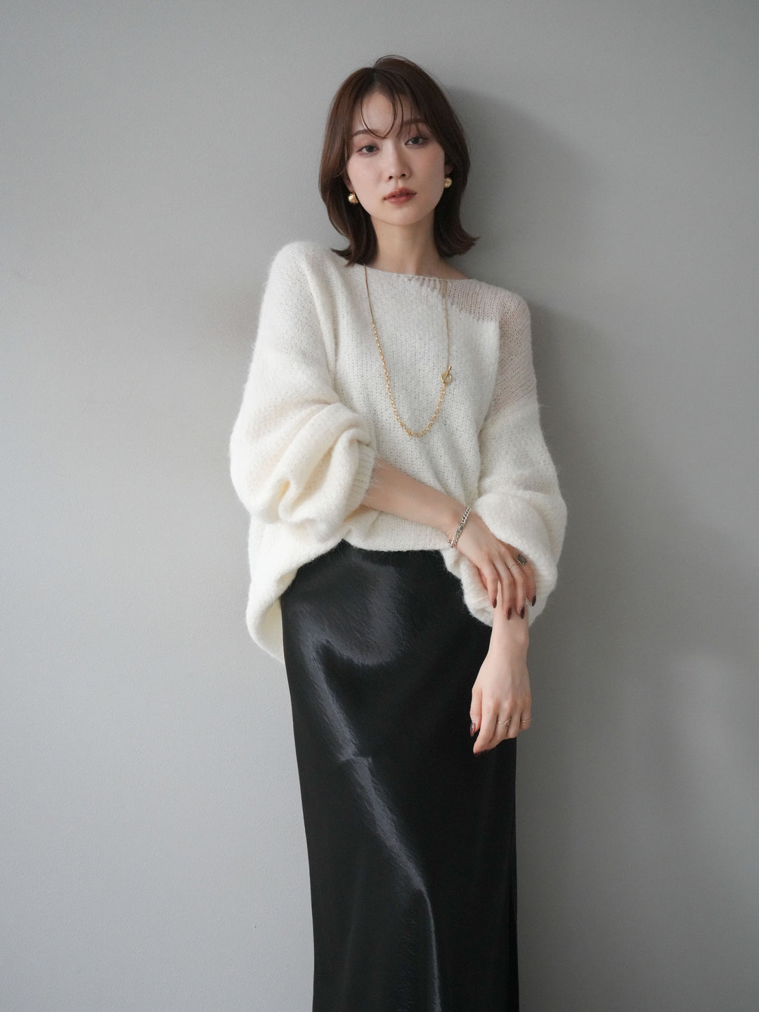 [予約]ネック透かし編みニットプルオーバー/ホワイト