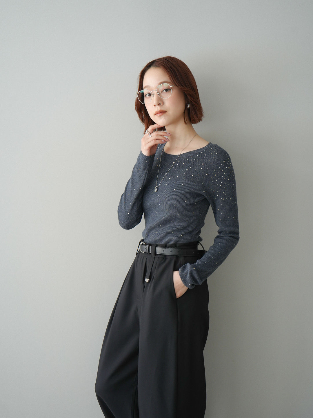 [SET]スパンコールシアーニットトップス+スパンコールシアーニットトップス(2set)