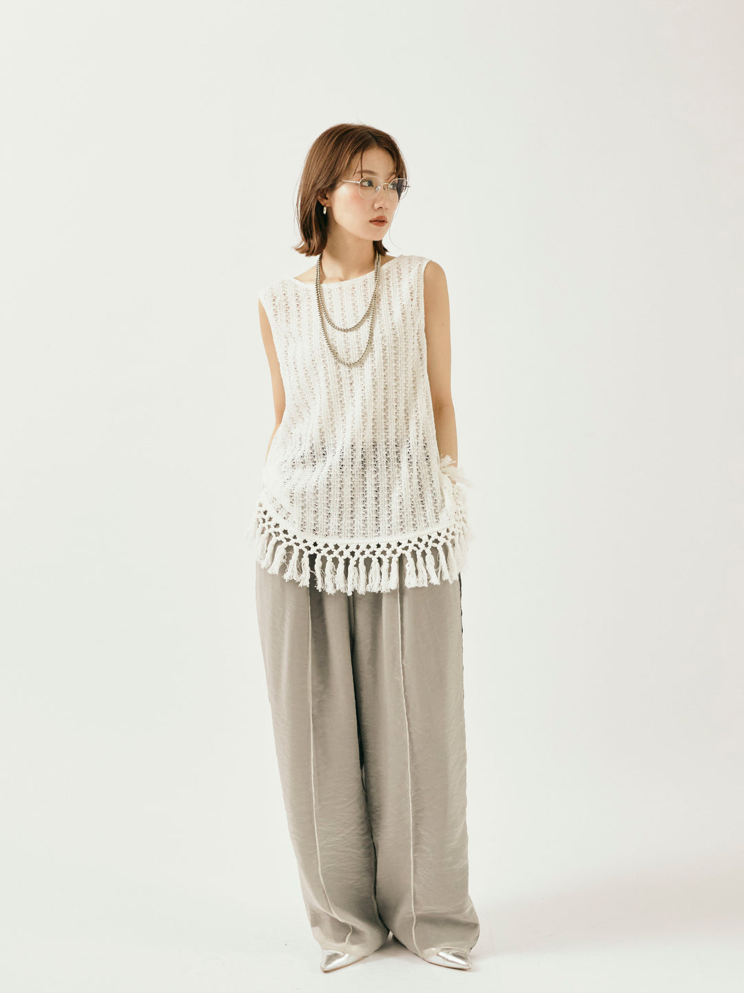 [予約]オーガンジーレイヤードサイドラインパンツ/グレージュ