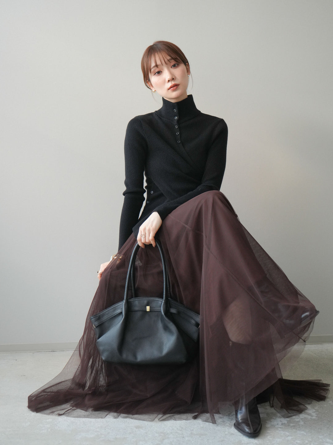 [予約]クロスデザインボトルネックリブニットトップス/black
