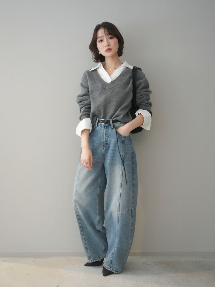 [予約]シャツドッキングVネックニットトップス/gray