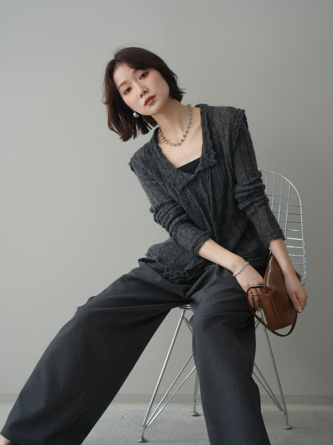 [予約]透かし襟モヘアタッチニットカーディガン/charcoal