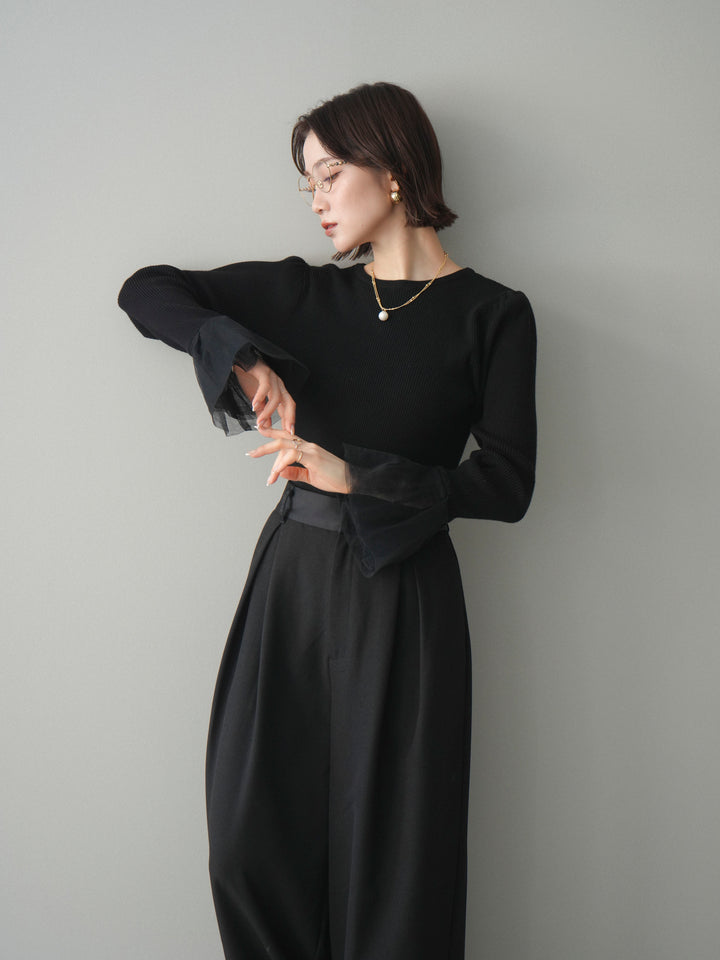 [SET]袖チュールパワショルリブニットトップス+袖チュールパワショルリブニットトップス(2set)