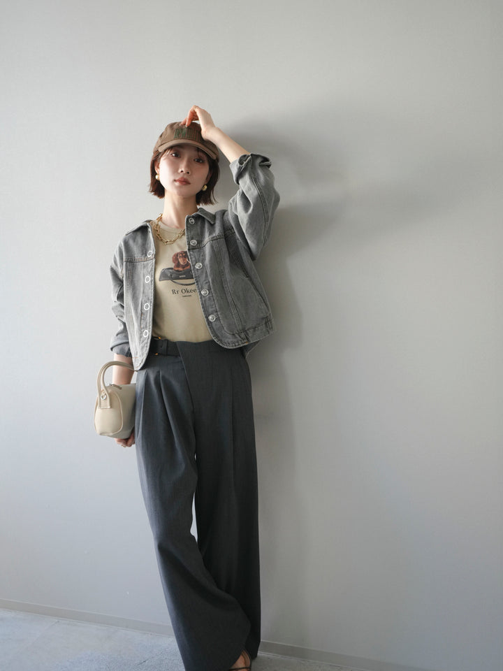 [SET]ラウンドカットコンパクトデニムジャケット+ドッグコンパクトTEE+アシンメトリーベルトタックワイドパンツ(3set)