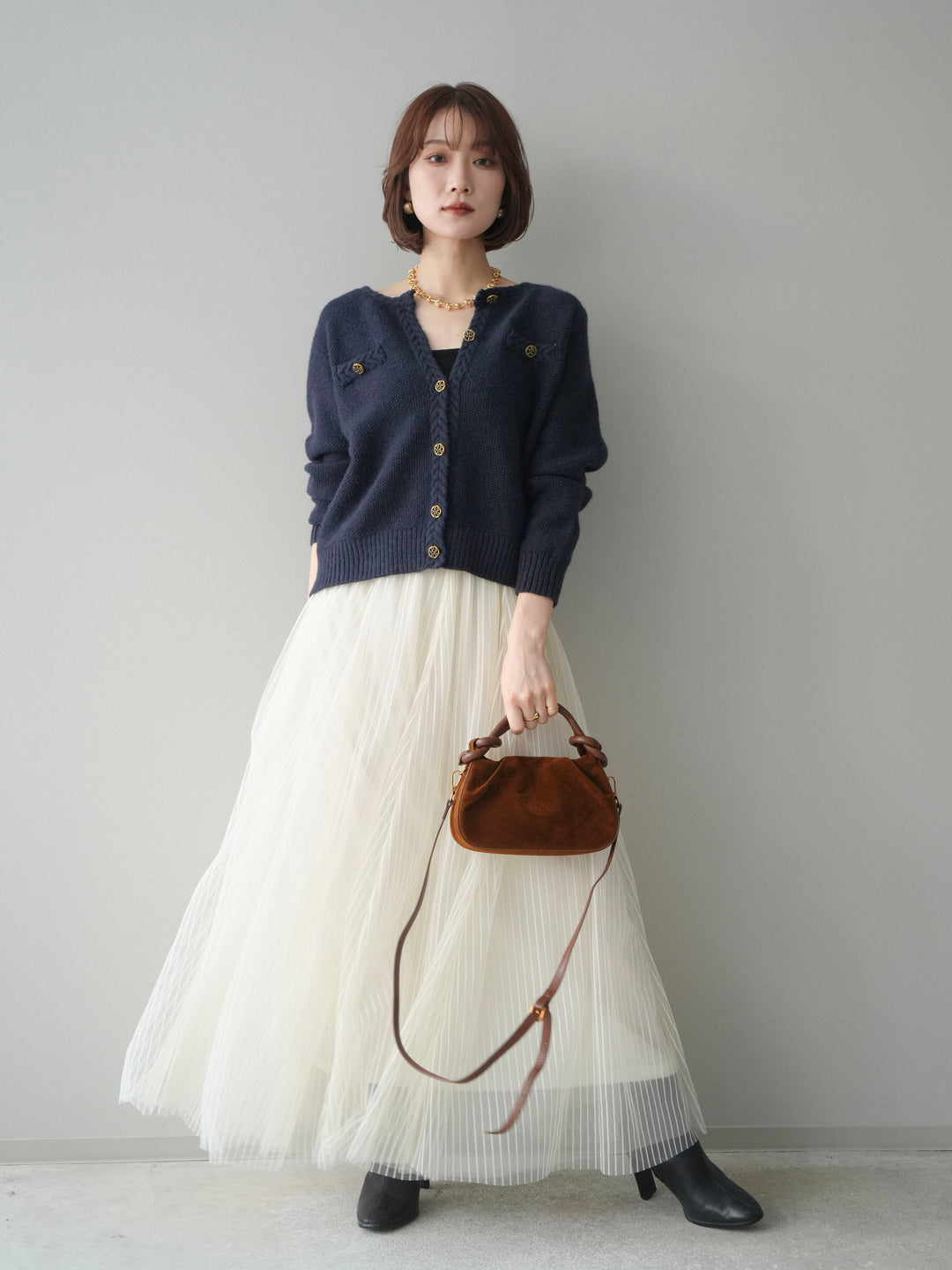 [SET]編みこみアンティークボタンニットカーディガン+チュールストライプボリュームスカート(2set)
