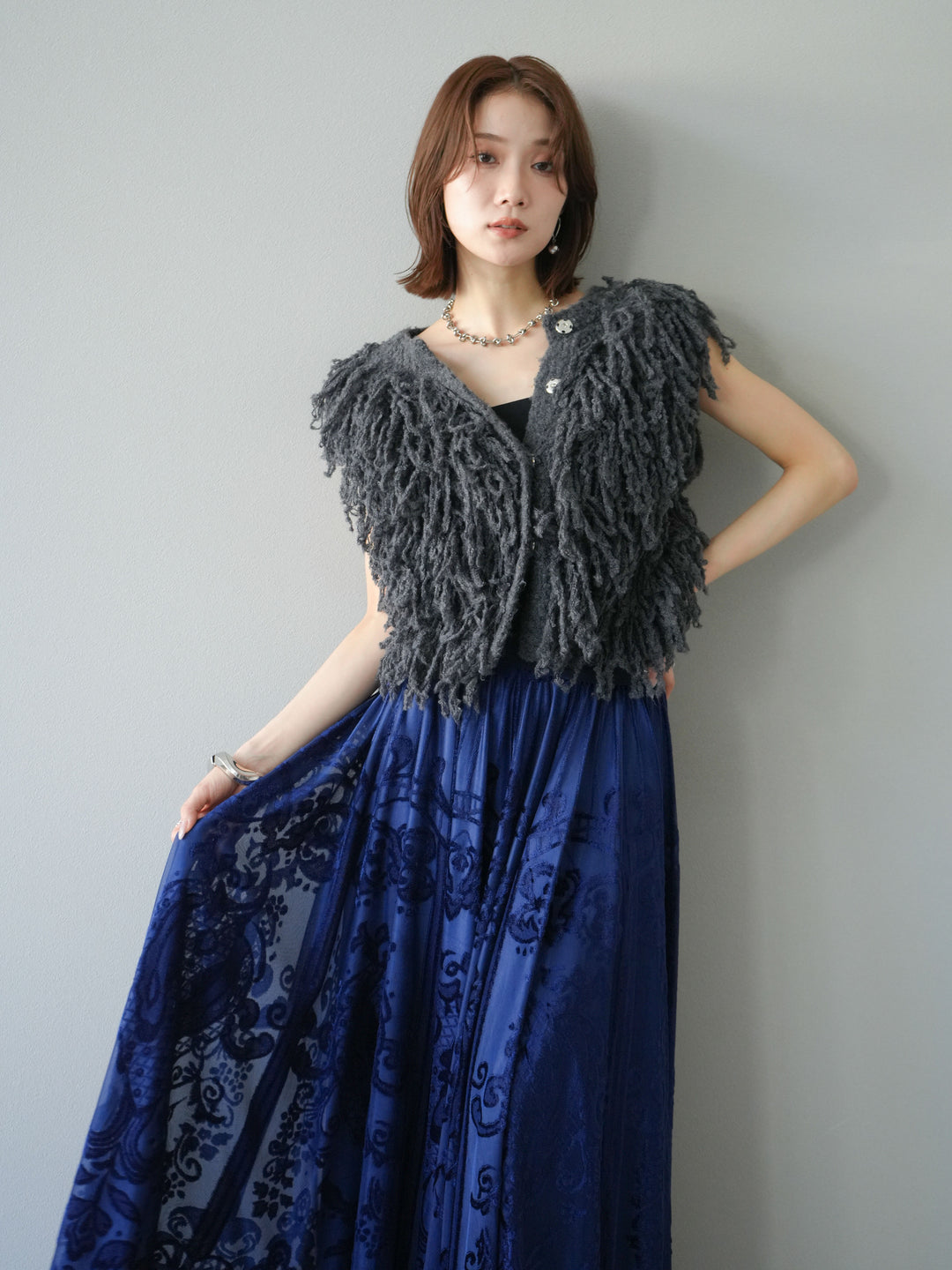 [予約]フリンジループニットベスト/チャコール