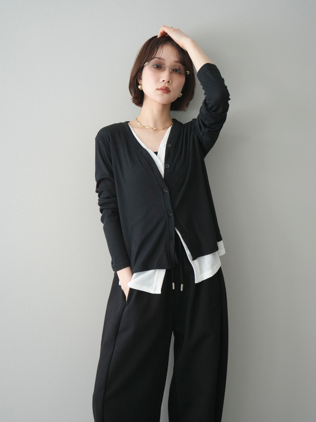 [予約]配色レイヤードカットリブカーディガン/black