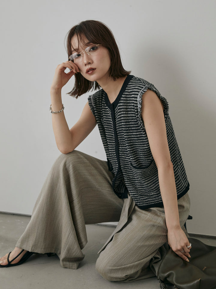 [予約]リネンライクウエストリボンワイドパンツ/ベージュ