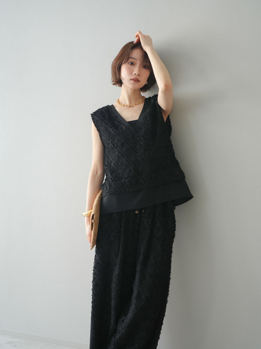 [SET]フリンジレイヤードVネックノースリーブ+選べるアクセセット(2set)