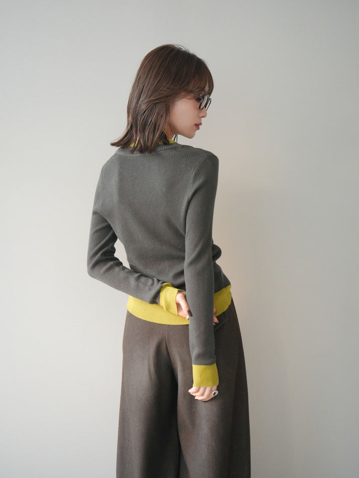 [SET]Uネック配色レイヤードリブニットトップス+選べるアクセセット(2set)