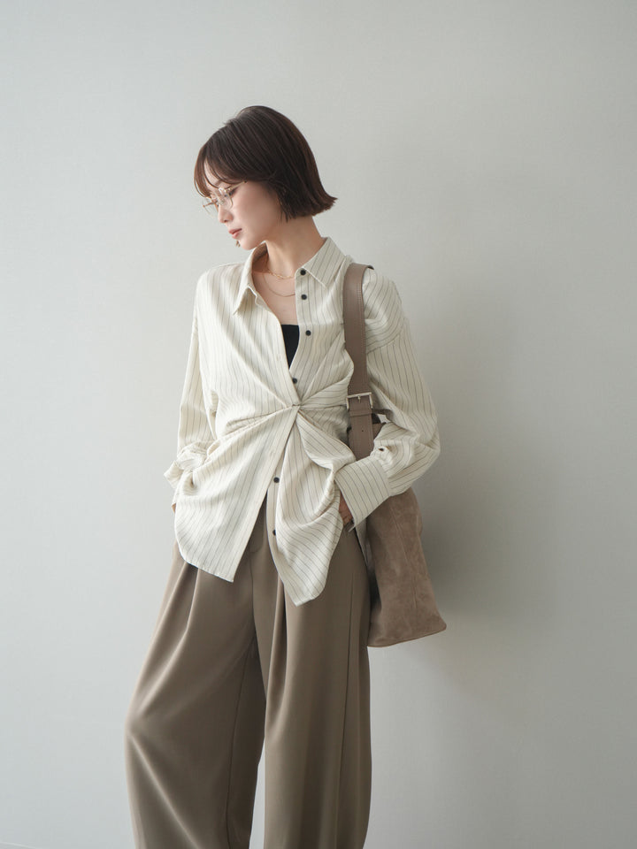 [SET]2WAYカシュクールストライプブラウス+ベルト付キーホルダーモチーフワイドパンツ(2set)