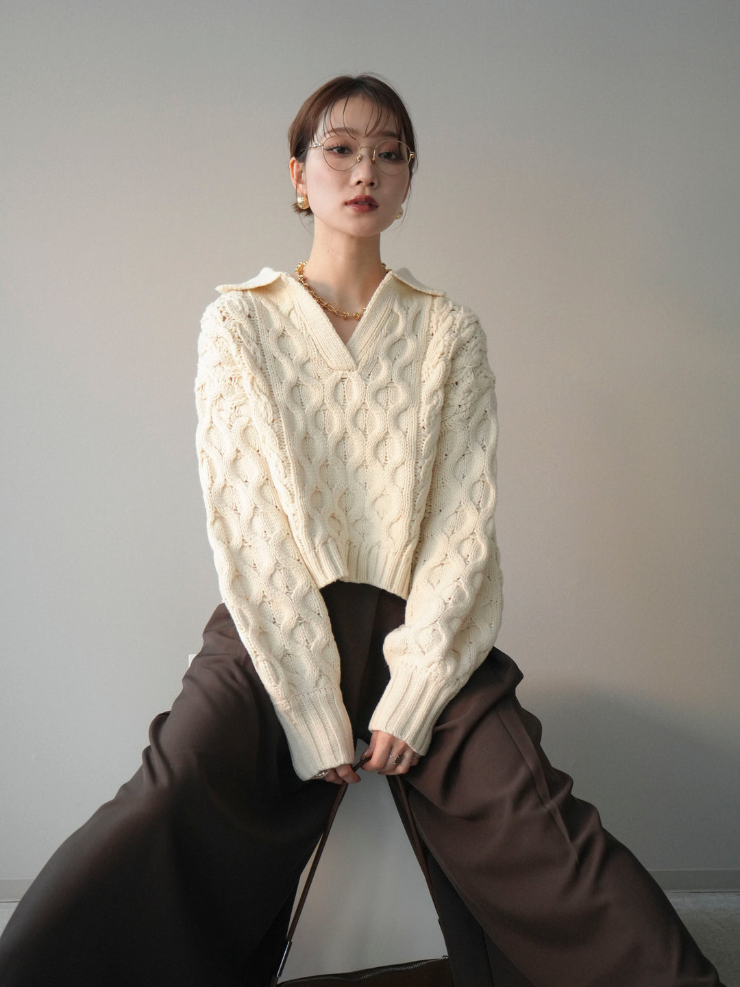 [SET]バルキーケーブルクロップド開襟プルオーバー+バルキーケーブルクロップド開襟プルオーバー(2set)