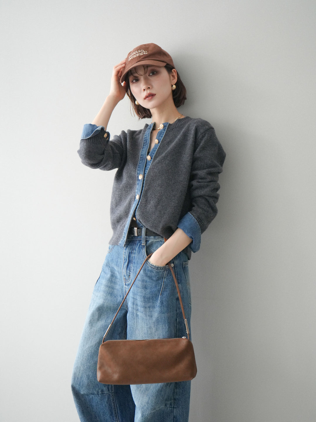 [SET]クルーネックデニムドッキングニットカーディガン+選べるアクセセット(2set)