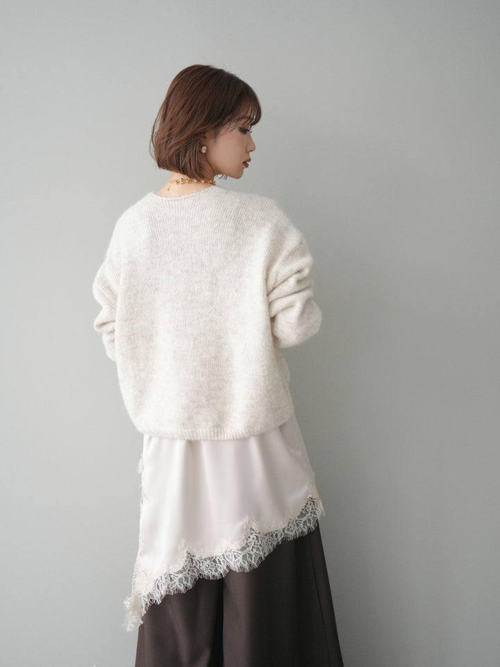 [SET]パール×ビジューVネックニットプルオーバー+アシンメトリーサテンレースキャミソール+テープベルトタックバギーパンツ(3set)