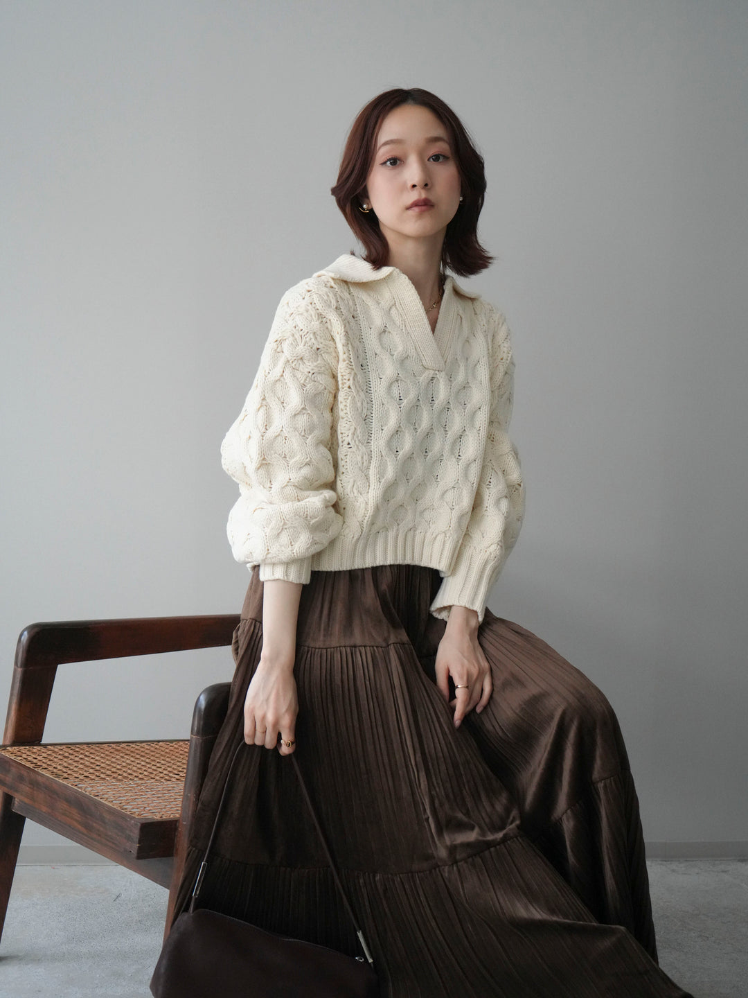 [SET]バルキーケーブルクロップド開襟プルオーバー+ベロアティアードワッシャースカート(2set)