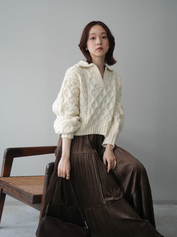 [SET]バルキーケーブルクロップド開襟プルオーバー+ベロアティアードワッシャースカート(2set)