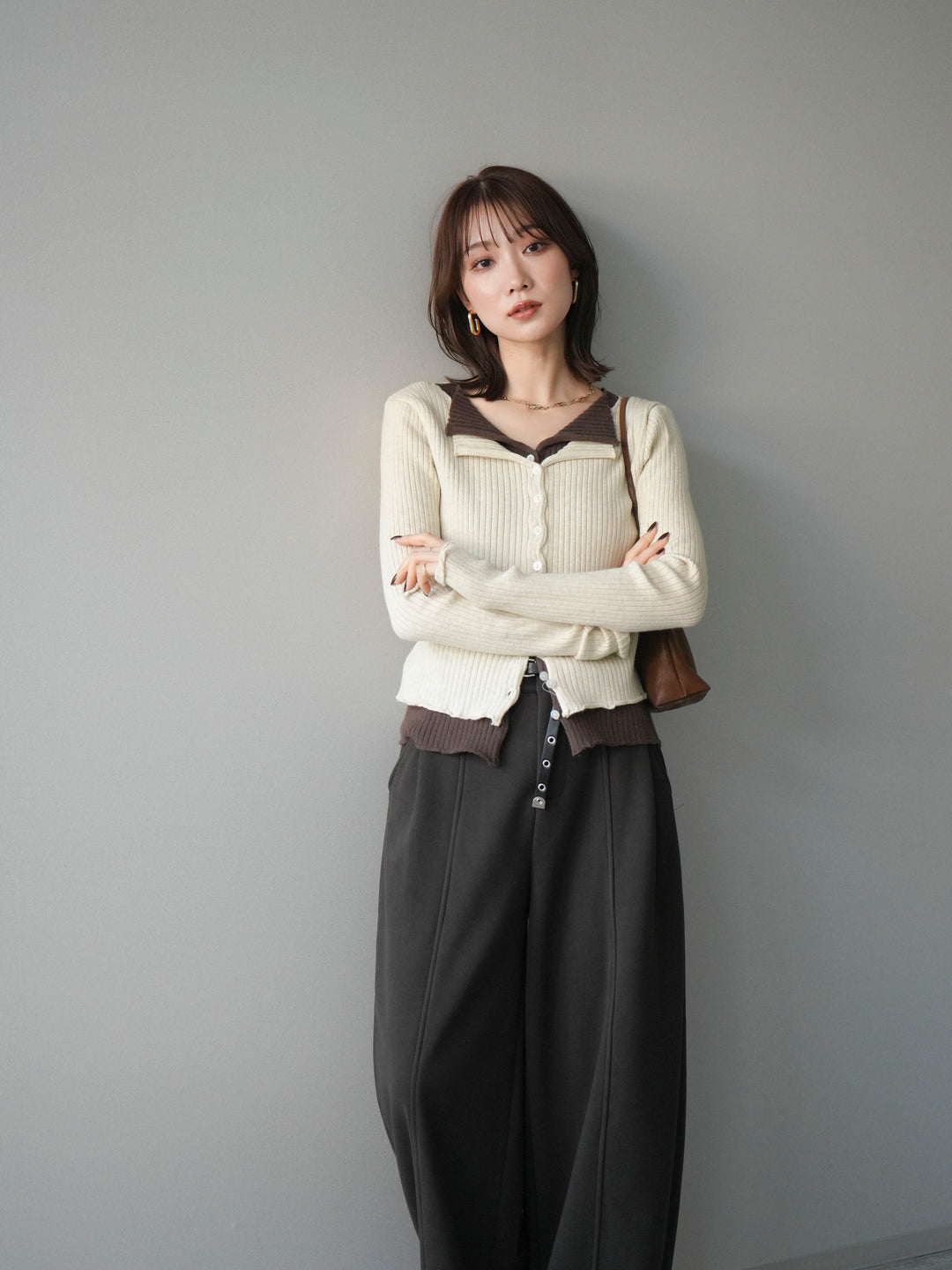 [予約]配色レイヤードリブニットカーディガン/ivory