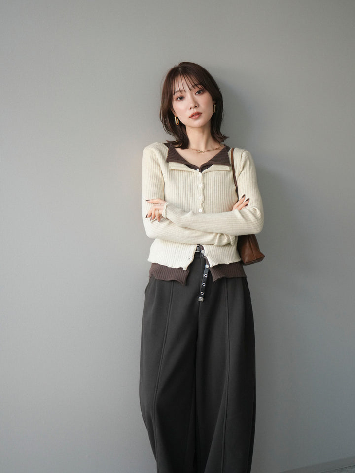 [予約]配色レイヤードリブニットカーディガン/ivory