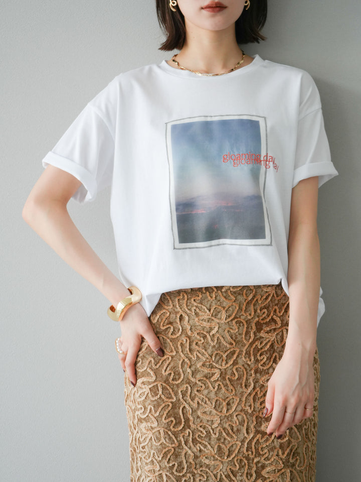 [予約]チュールレイヤードプリントTシャツ/オフ