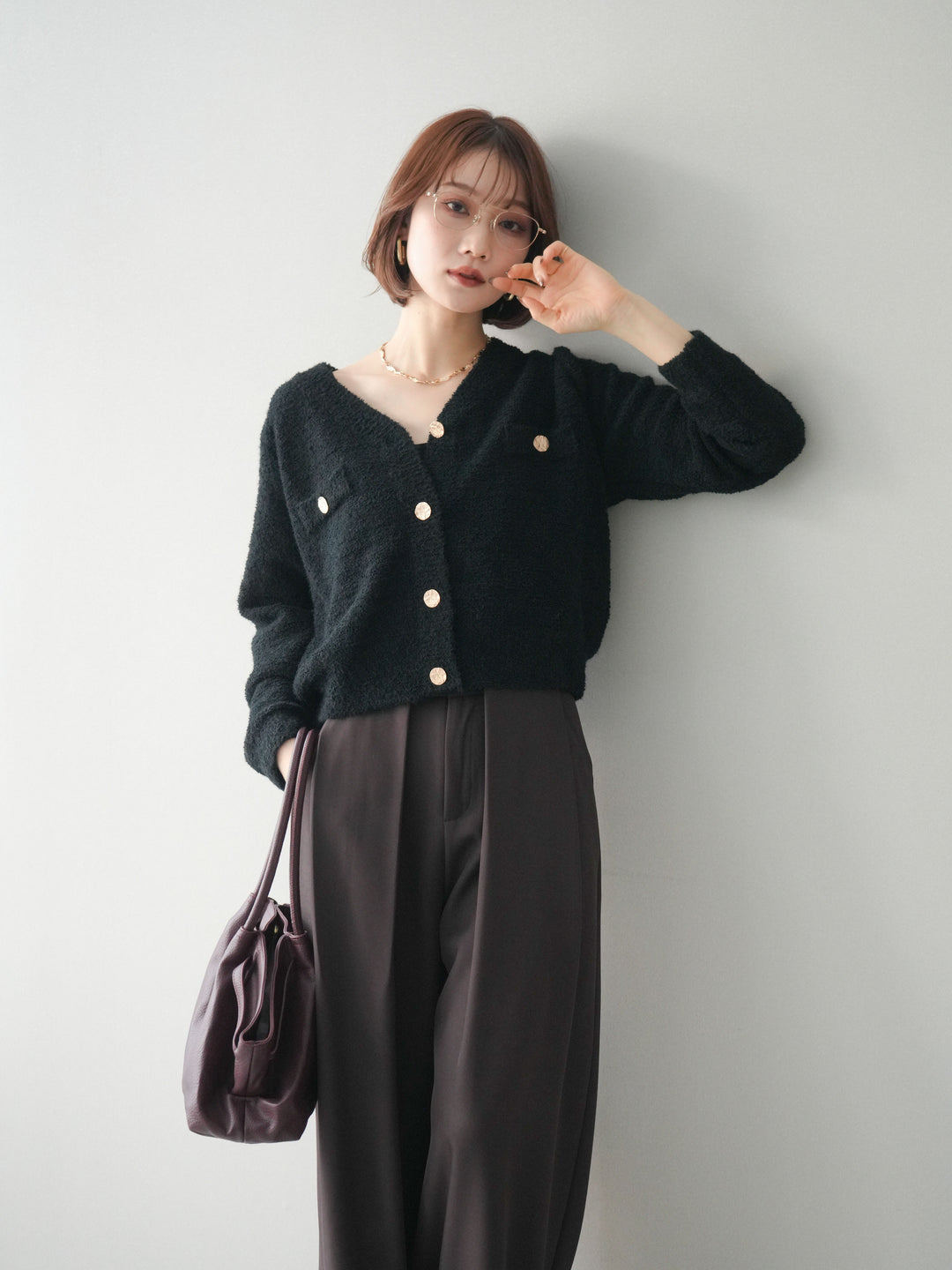 [SET]ゴールドボタンモールニットカーディガン+ベルトループデザインワイドパンツ(2set)