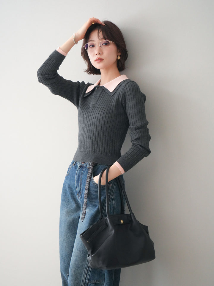 [SET]ダブル襟ポロリブニットトップス+ダブル襟ポロリブニットトップス(2set)