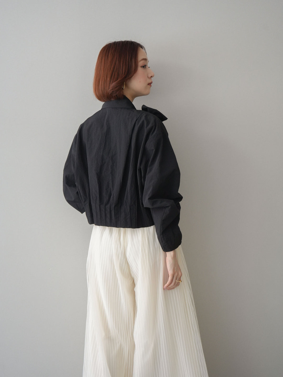 [SET]ボウタイ裾プリーツライトジャケット+ストライプチュールボリュームバギーパンツ(2set)