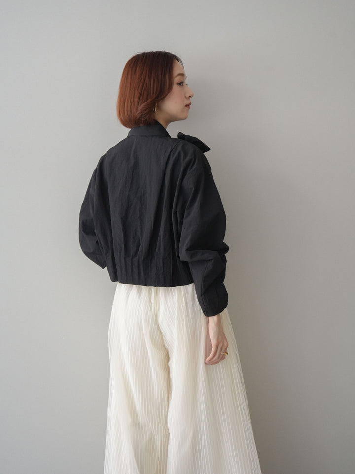 [SET]ボウタイ裾プリーツライトジャケット+ストライプチュールボリュームバギーパンツ(2set)