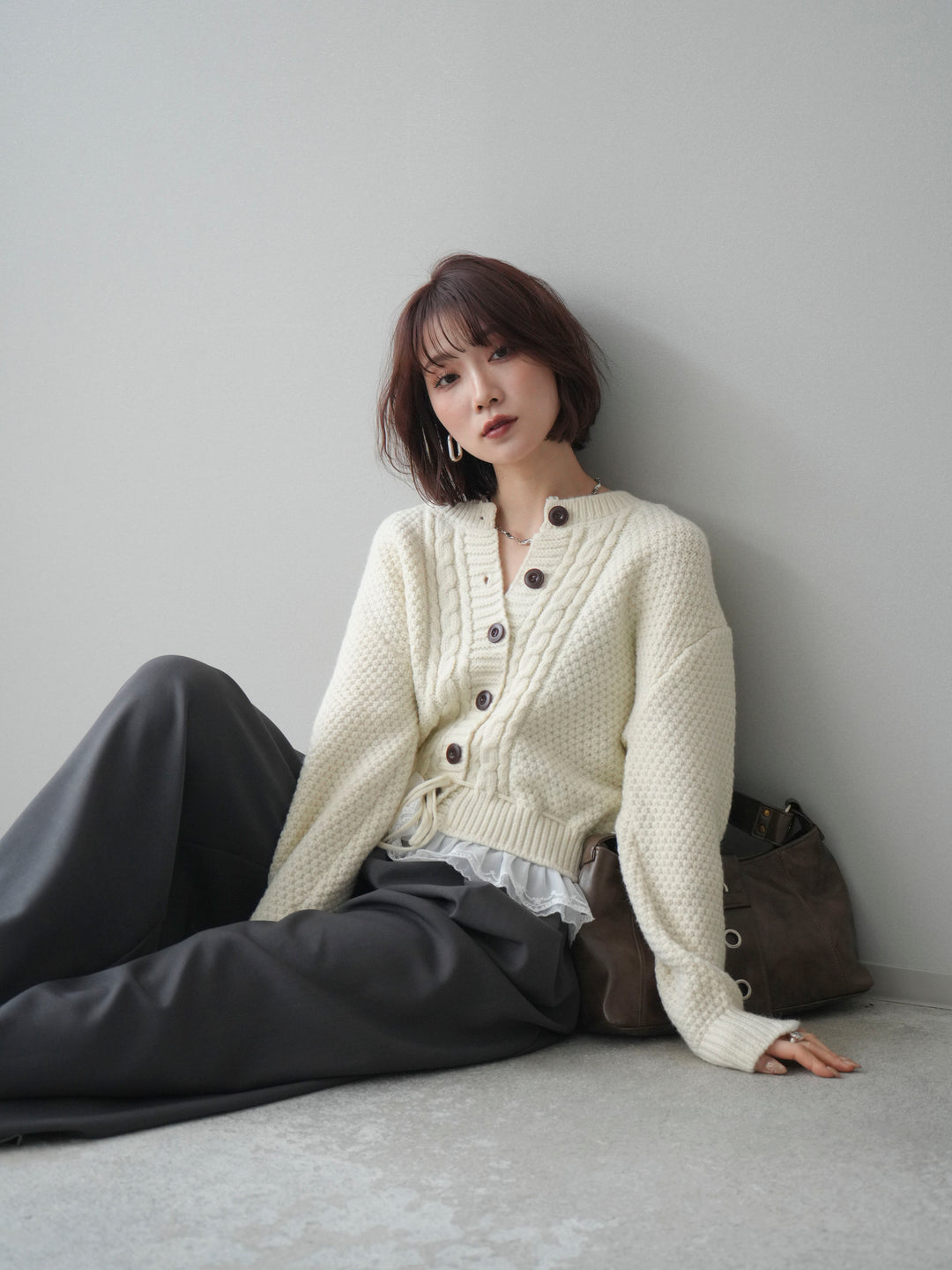 [予約]裾レースケーブルニットカーディガン/ivory