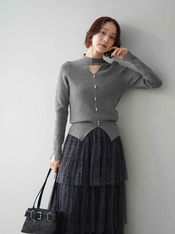 [予約]チョーカーデザインボタンリブニットトップス/gray
