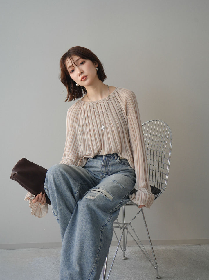 [予約]プリーツシアーフレアスリーブニットトップス/beige
