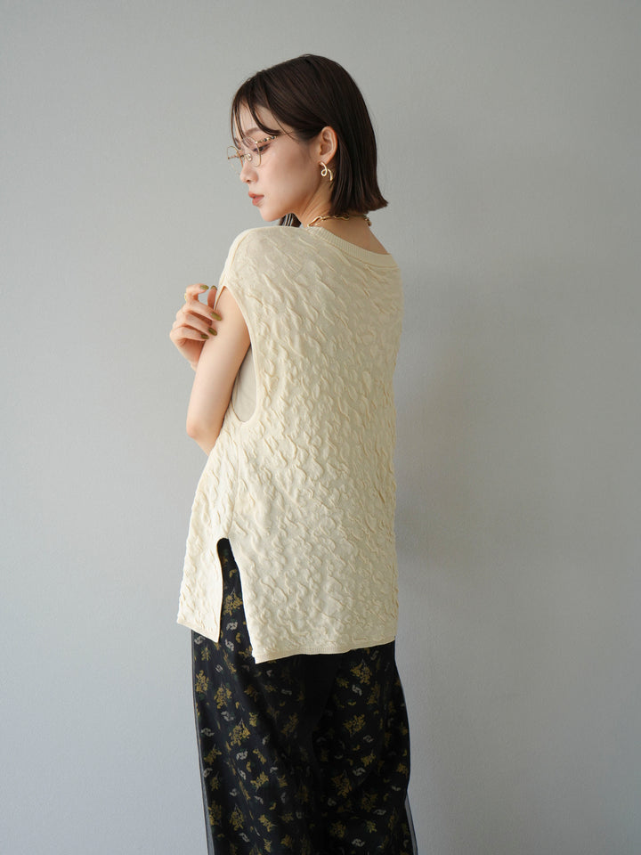 [SET]ポコポコノースリーブニットプルオーバー+コード刺繍チュールレイヤードパンツ(2set)