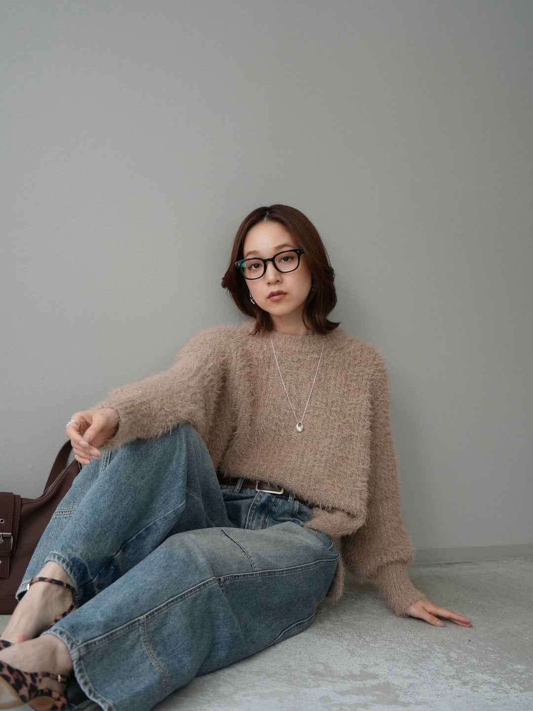 [SET]ボリュームスリーブシャギー MIXニットプルオーバー+ベルト付カーブデニムパンツ(2set)